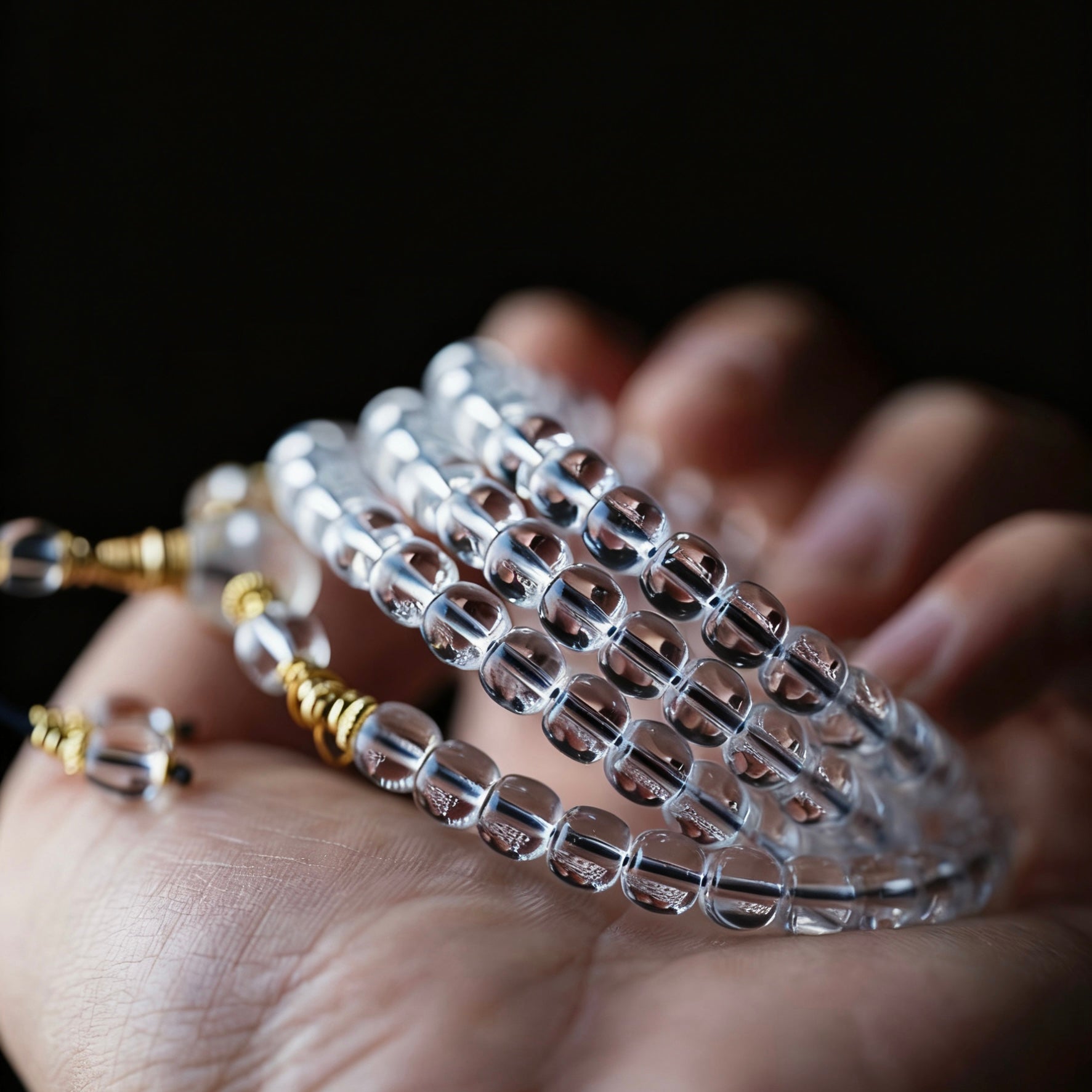 Single hand holding the crystal strand, showing the elegant hang of the tassel and gold hardware.
