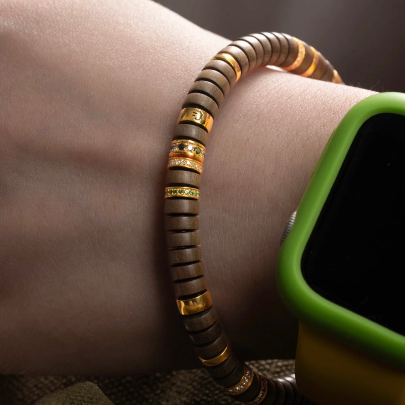 Showing the delicate 7mm size of the flat sandalwood beads for comfortable daily wear.