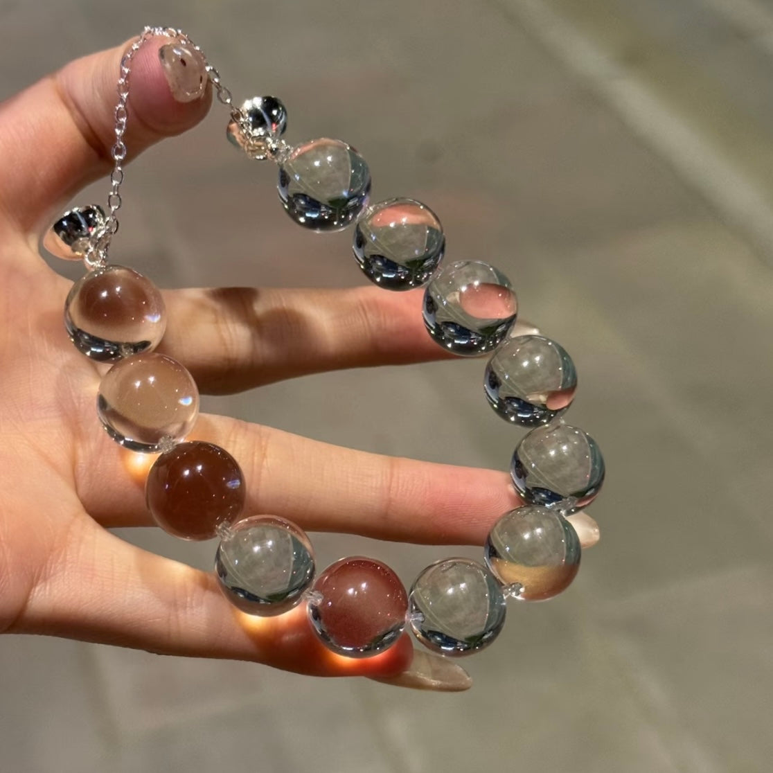 Close-up details of clear quartz bracelet craftsmanship