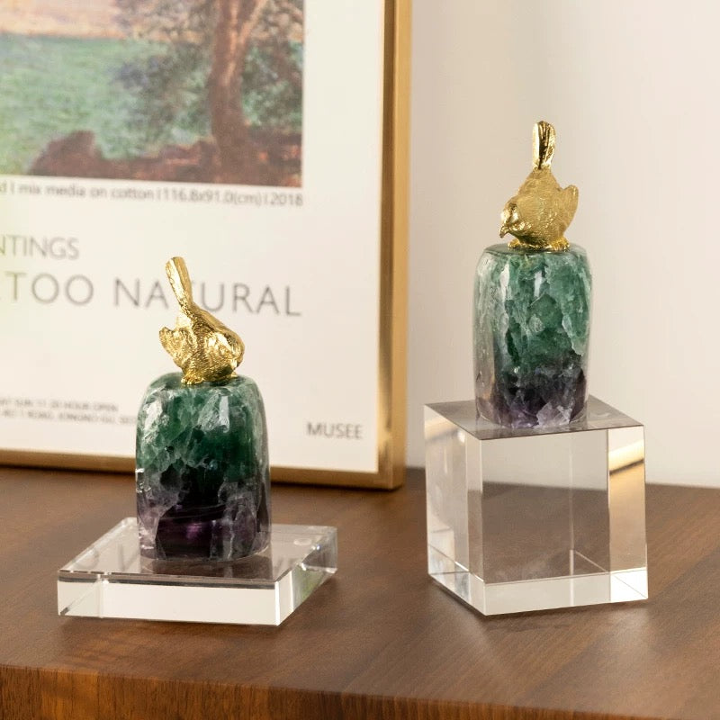 Comparison of the 160mm and 215mm styles of the brass bird and fluorite ornament collection.