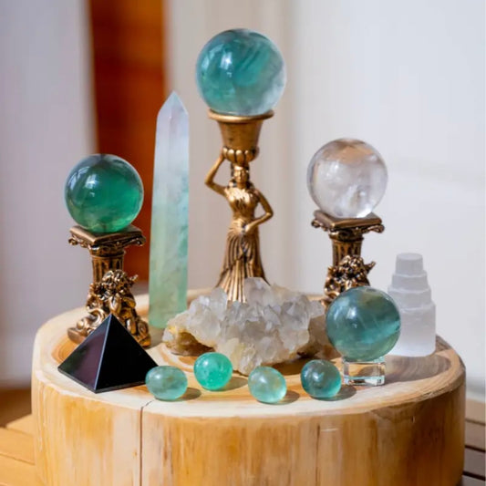 Close-up of natural fluorite spheres and clear crystal clusters showing strong energy textures.