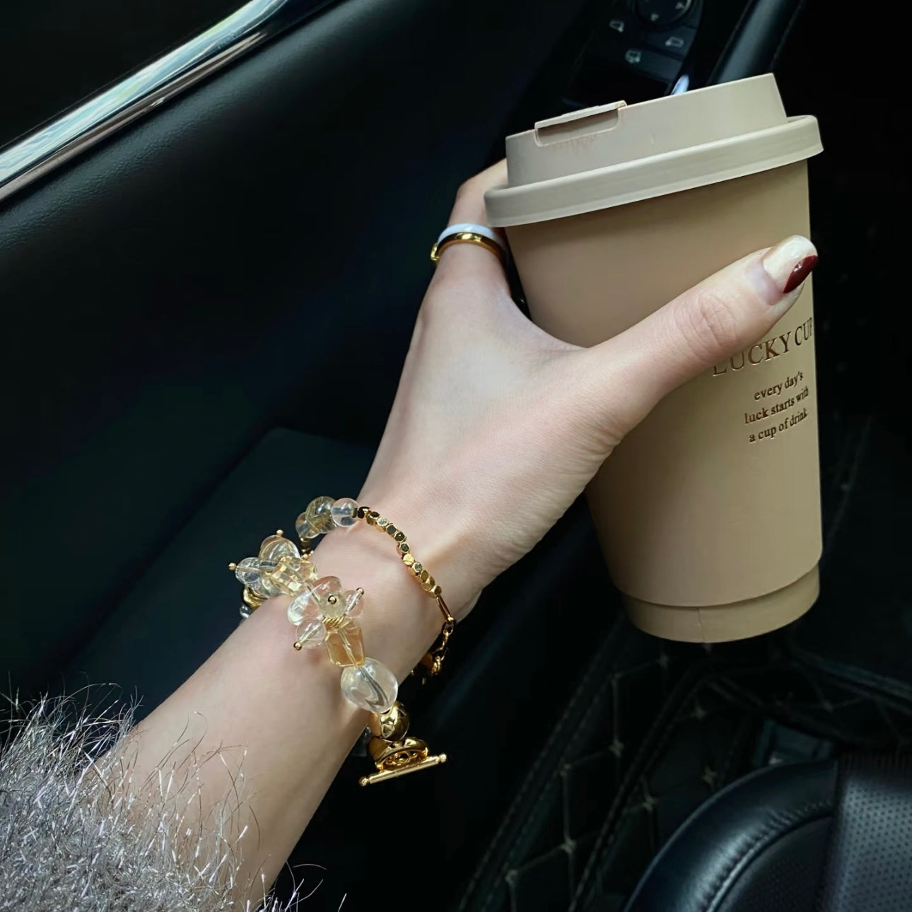 Buy one get one free crystal bracelet set layered on wrist — citrine, quartz and 24K gold hardware