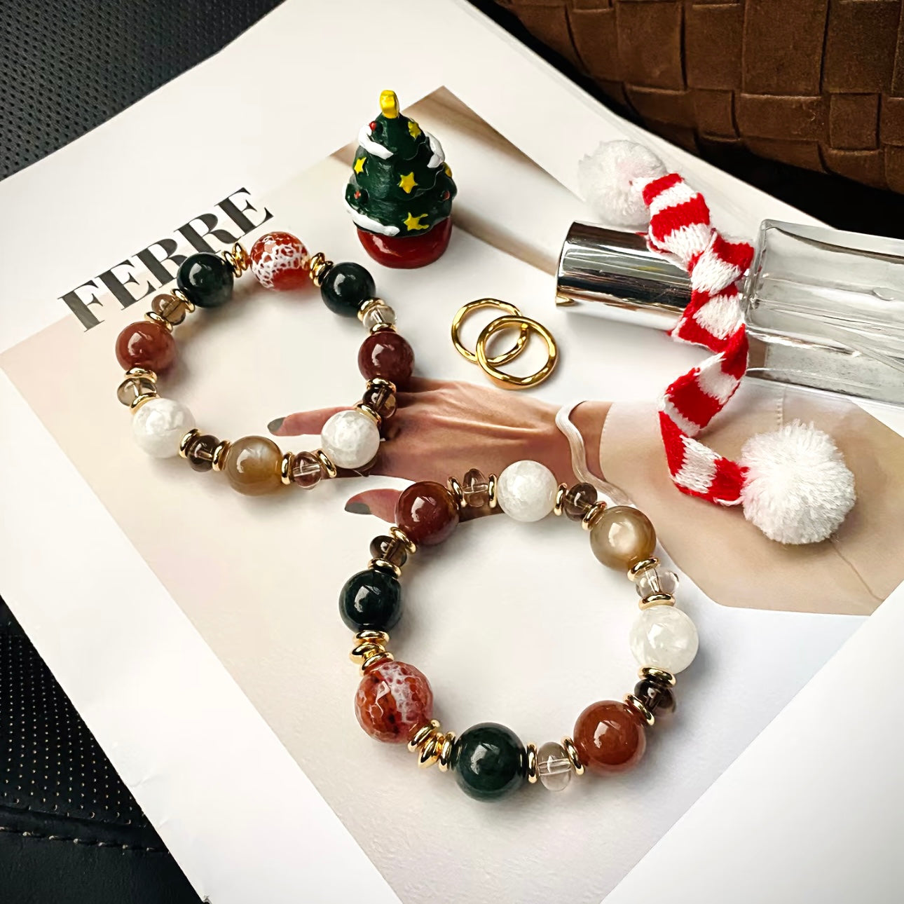 Holiday Collection red and green rutilated quartz bracelet flat lay – Gentle Crystals