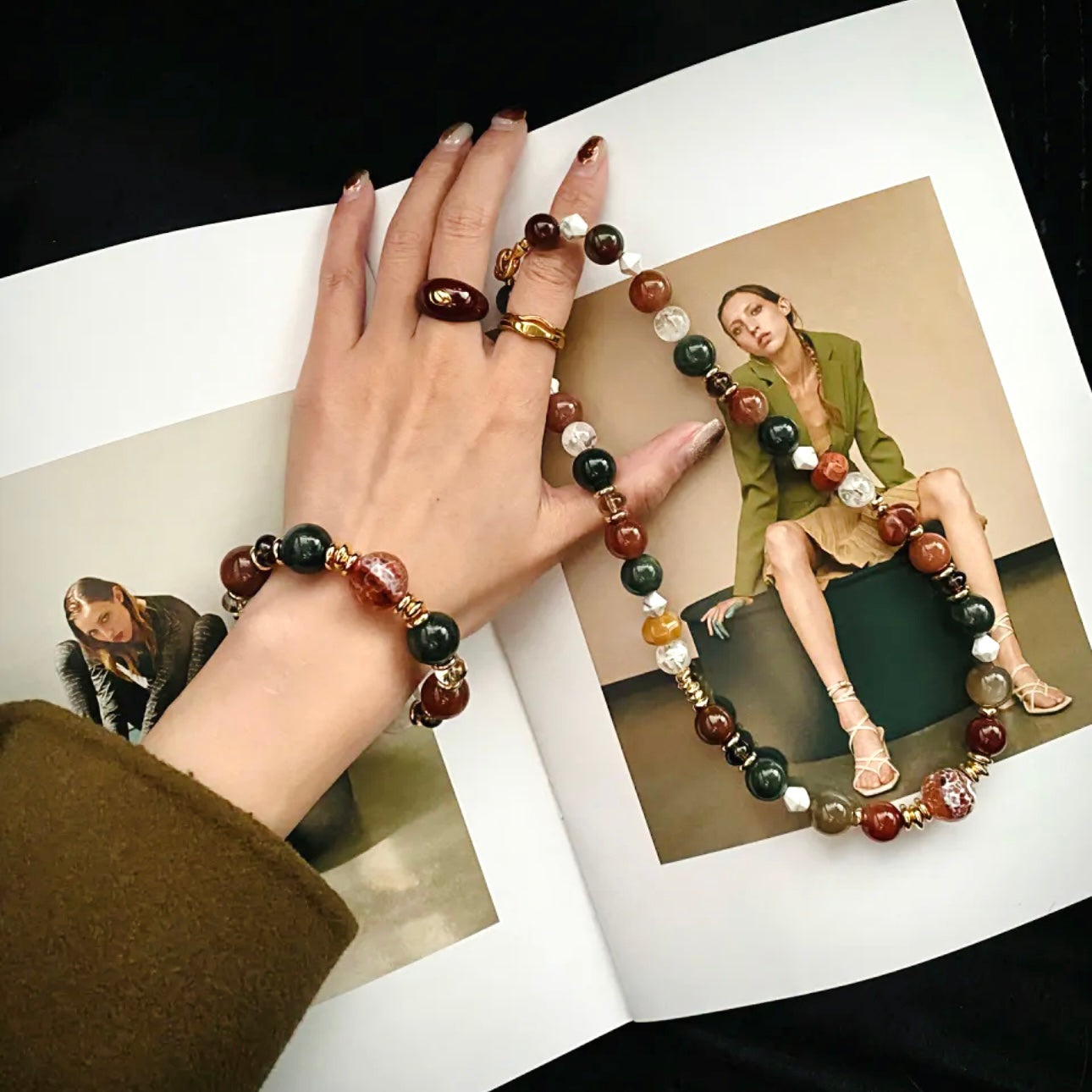 Hand model wearing snow phantom quartz and moonstone bracelet necklace set – Gentle Crystals