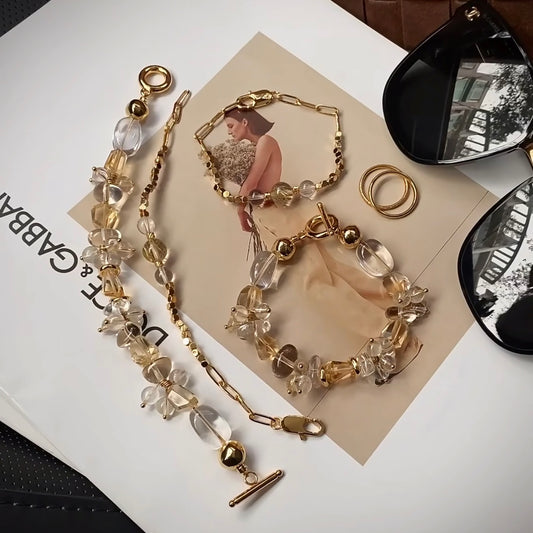 Citrine and clear quartz bracelet set flatlay — natural gemstone BOGO gift set by Gentle Crystals