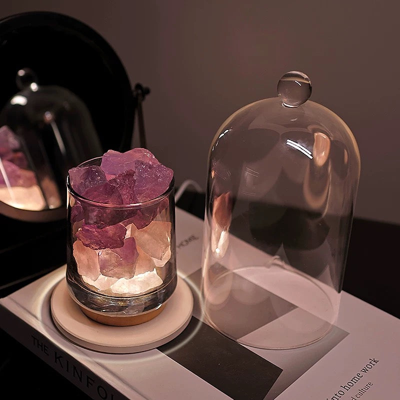 Elegant glass dust cover protecting the 400g aroma diffuser crystal stones.