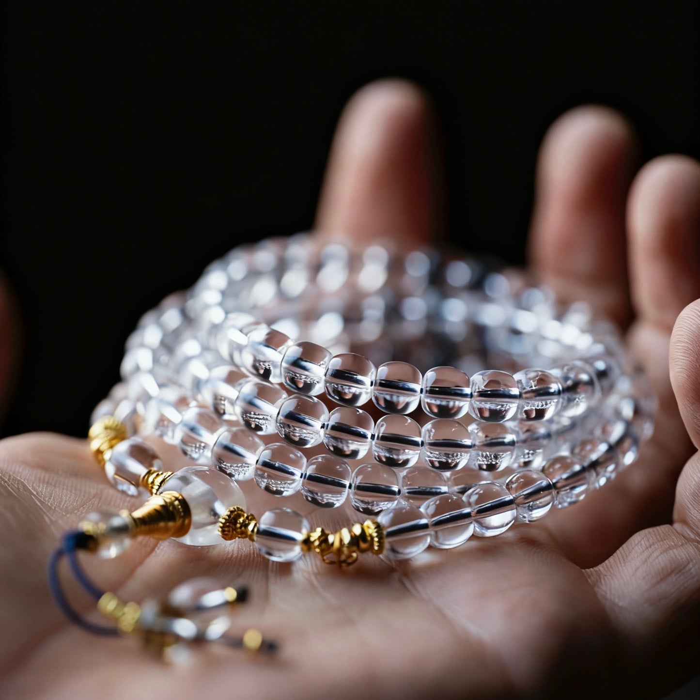 Model's hand holding a translucent 6mm white crystal mala with high-gloss finish.