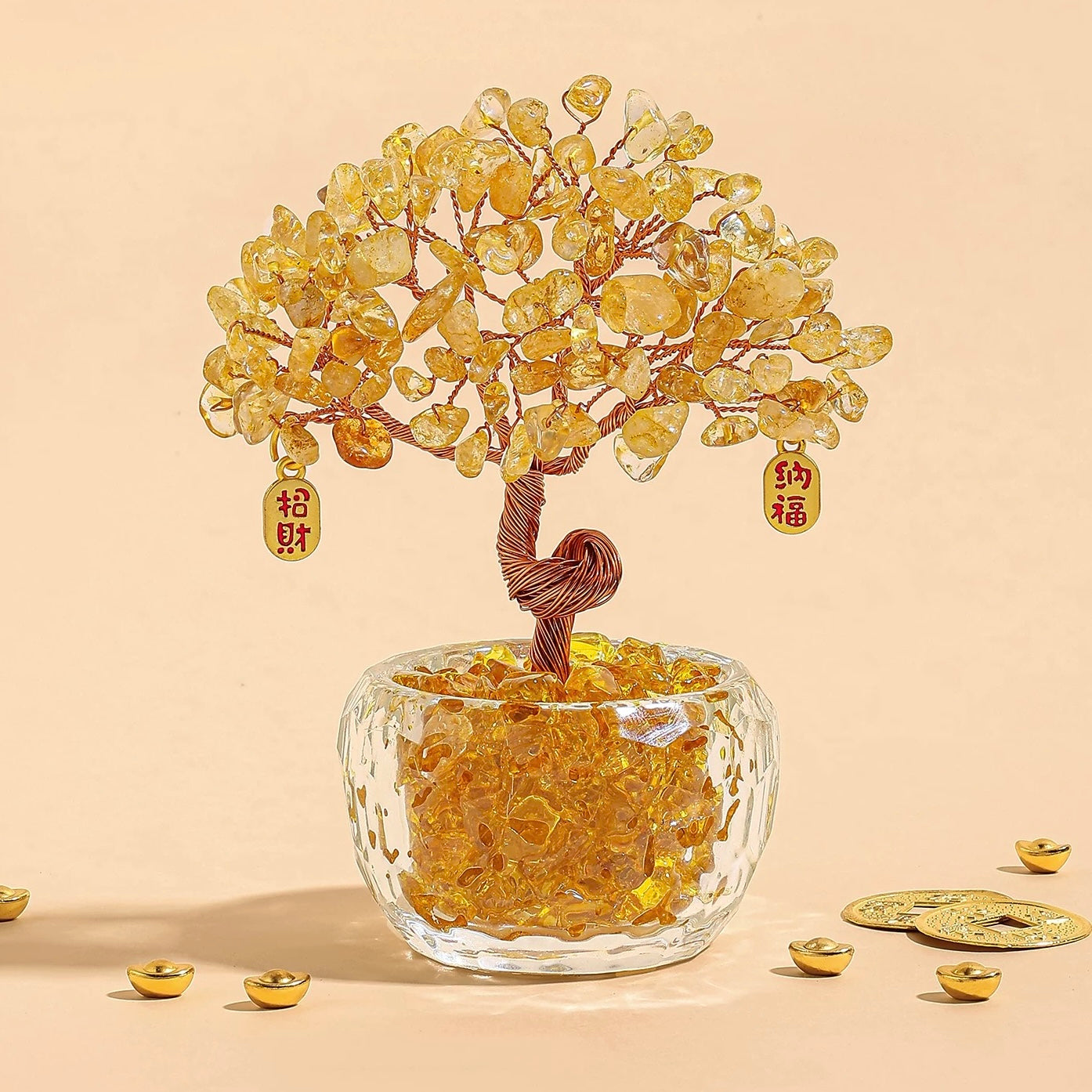 Close-up of the hand-wired copper branches and premium natural crystal chips, showcasing artisanal craftsmanship.