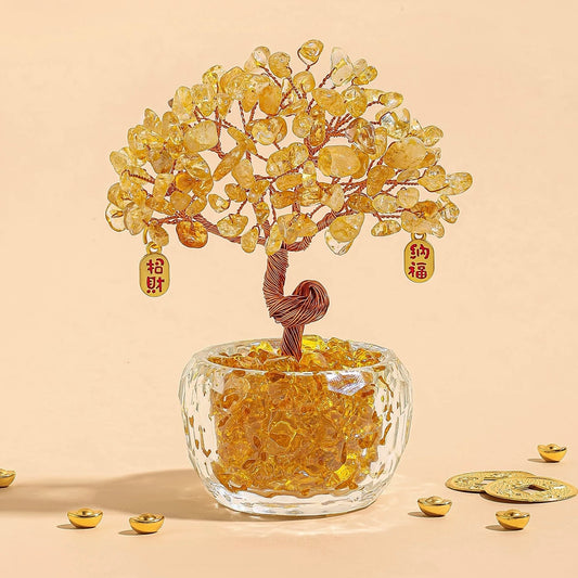 Close-up of the hand-wired copper branches and premium natural crystal chips, showcasing artisanal craftsmanship.