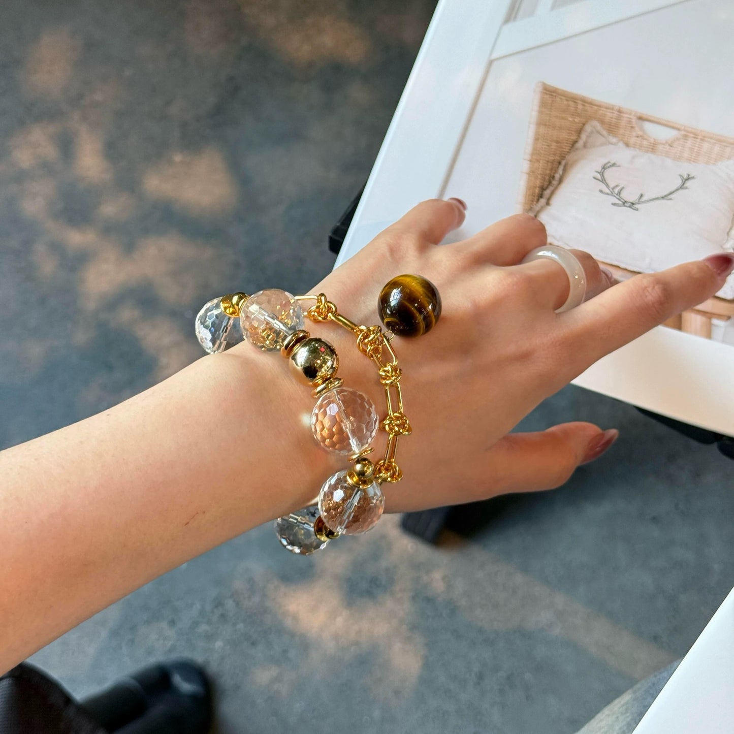 Styling the 15mm faceted crystal bracelet with luxury apparel for an elegant, upscale look.