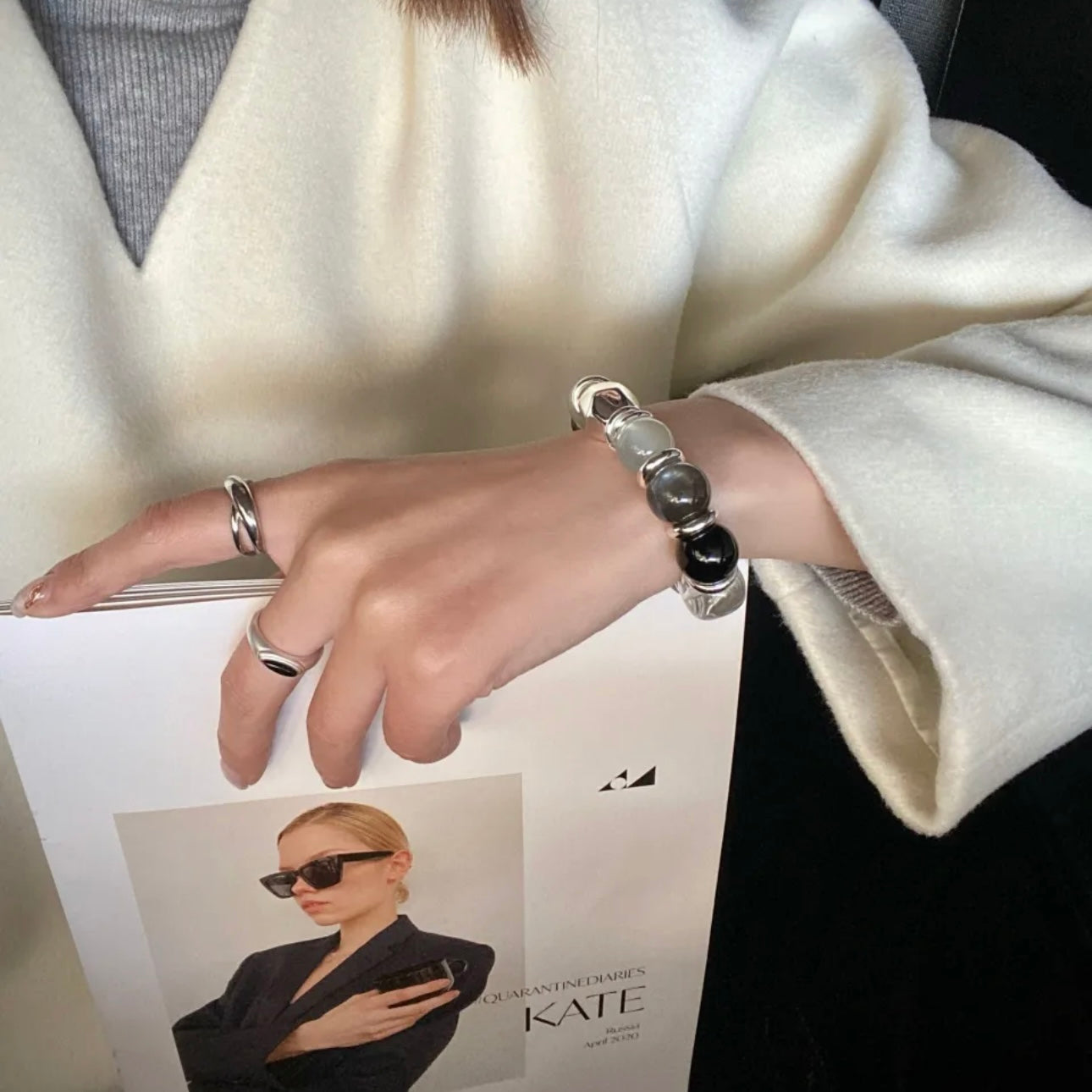 Wrist model with Long-termism black agate moonstone crystal bracelet - minimalist silver jewelry Gentle Crystals