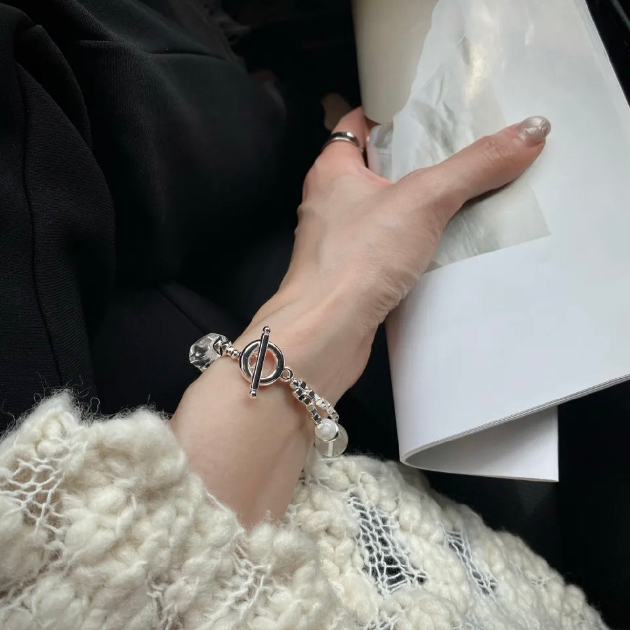 Wrist model with Long-termism Lemurian quartz crystal bracelet - pure white healing crystal Gentle Crystals