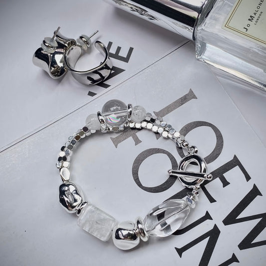 Pure white phantom quartz rectangle bead clear crystal bracelet styled flatlay - 999 silver 2026 Gentle Crystals