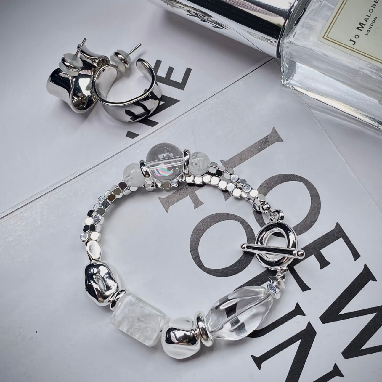 Pure white phantom quartz rectangle bead clear crystal bracelet styled flatlay - 999 silver 2026 Gentle Crystals