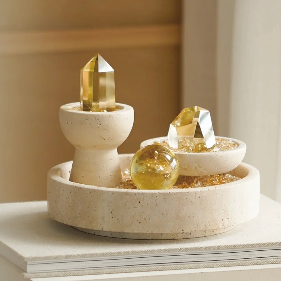The Citrine Energy Grid displayed in a zen-style study corner for wealth gathering.