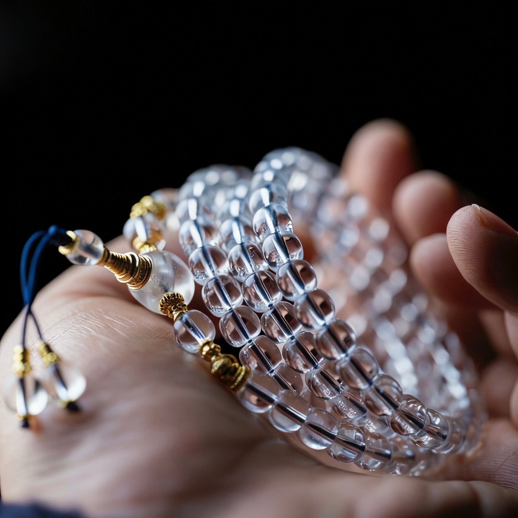 Clear quartz beads reflecting light while resting in a palm, proving the optical-grade polish