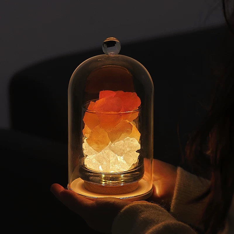 Four-color variations of the crystal lamp set: pink, purple, green, and white quartz.