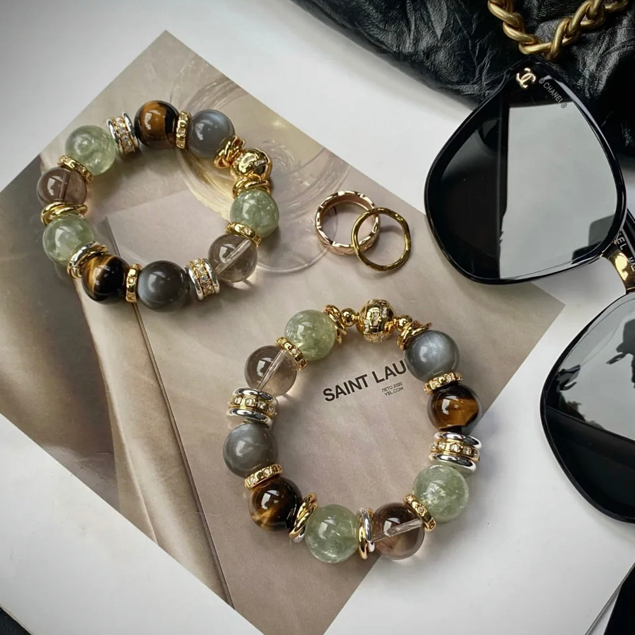 Close-up of 15–16mm natural green aventurine, milk tea grey moonstone and lightning yellow tiger's eye beads — genuine gemstone bracelet detail by Gentle Crystals