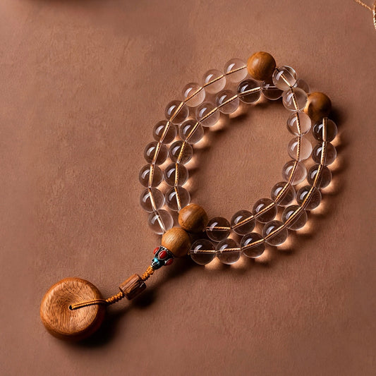 Natural clear quartz agarwood mala beads bracelet, zen spiritual crystal prayer handheld ornament, gift for inner peace
