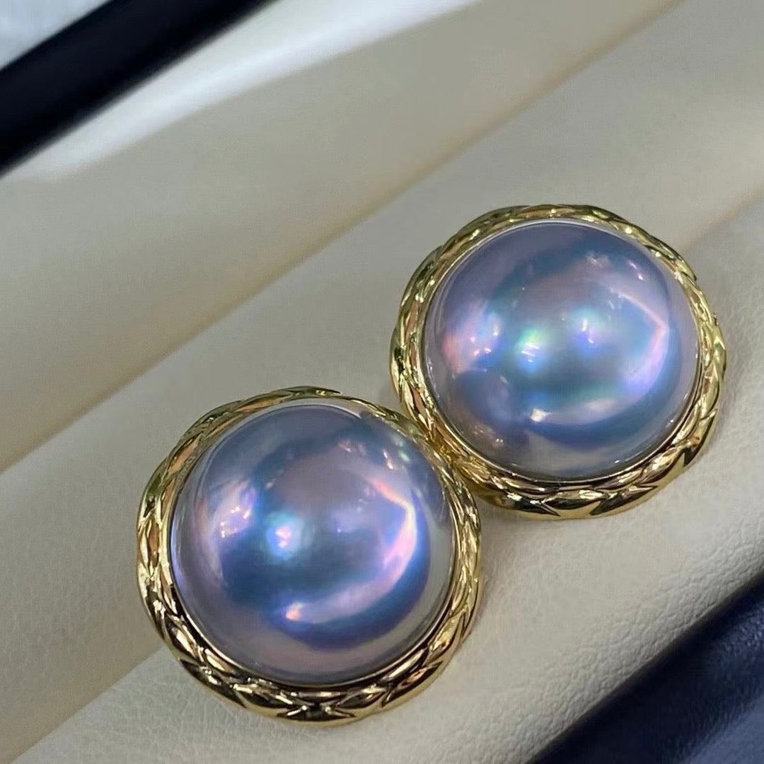 Starry Sky Blue Mabe Pearl Drop Earrings | 18K Gold Checkerboard Setting