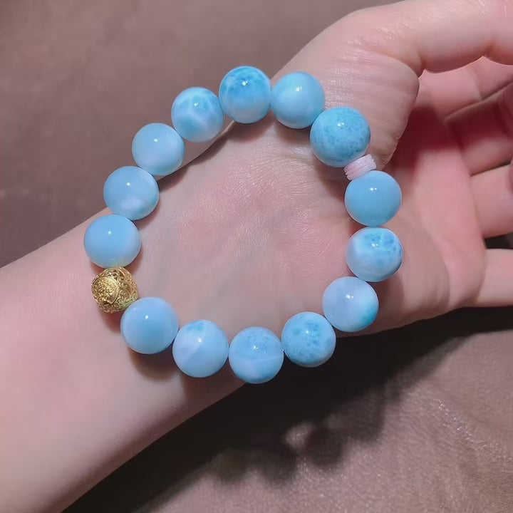 Natural Larimar Beaded Bracelet with 18K Gold Accents - 13mm "Ocean Heart" Gemstone Jewelry for Calm, Communication & Intuition