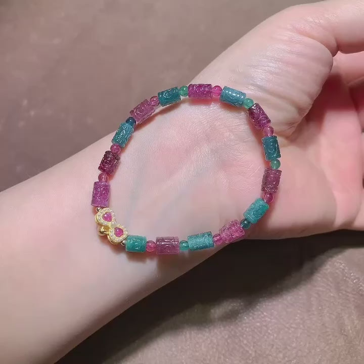 Natural Candy Tourmaline Beaded Bracelet with Vintage Silver Accents - 6x8mm Multi-Color Gemstone Jewelry for Luck, Protection & Joy