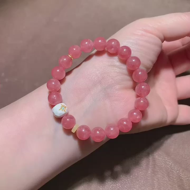 Natural Rhodochrosite Beaded Bracelet with 18K Gold Accents - 9.2mm Gemstone Jewelry for Love, Confidence & Emotional Healing