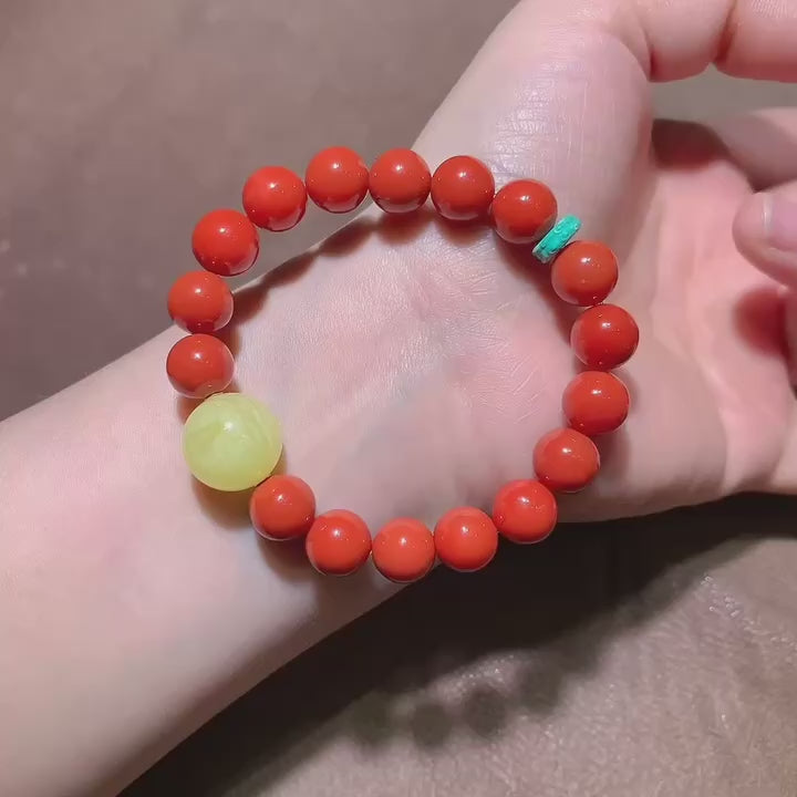 Natural South Red Agate Beaded Bracelet with Amber & Turquoise - 10.2mm Handmade Jewelry for Love, Emotional Calm & Cancer Zodiac (18K Gold Accents)