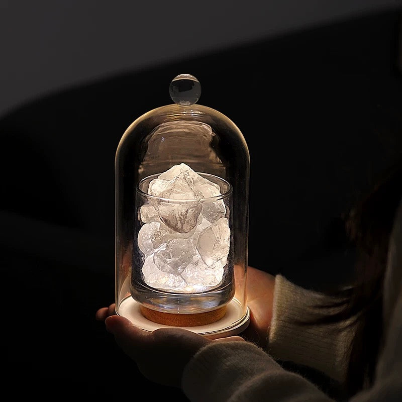 Close-up of the high-quality glass dust cover included in the luxury crystal set.
