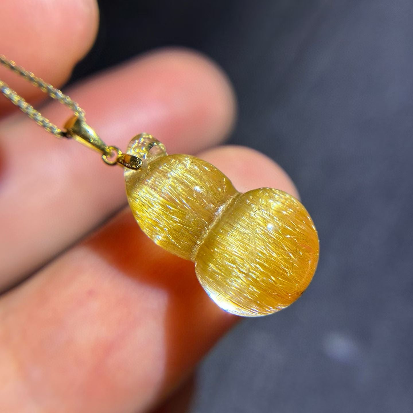 18K Gold Natural Golden Rutilated Quartz Gourd Pendant with dense shimmering rutiles.
