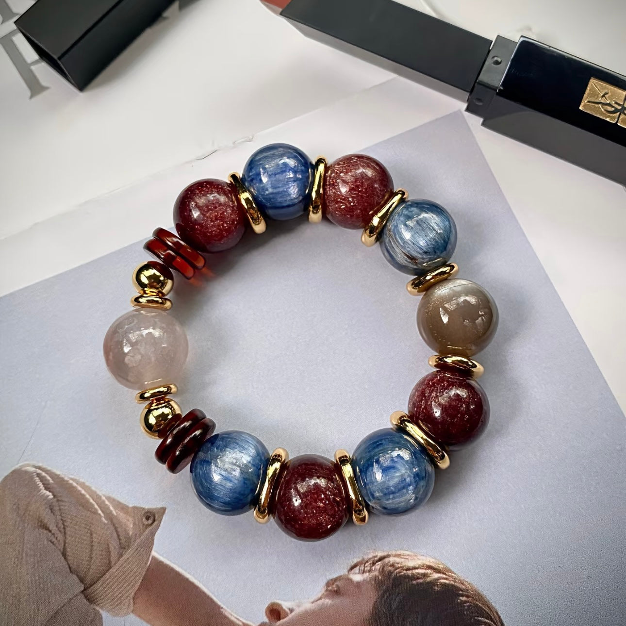 Realm Crimson Glow crystal bracelet - Dragon Scale Blue Celestite Strawberry Quartz Blood Amber 14mm