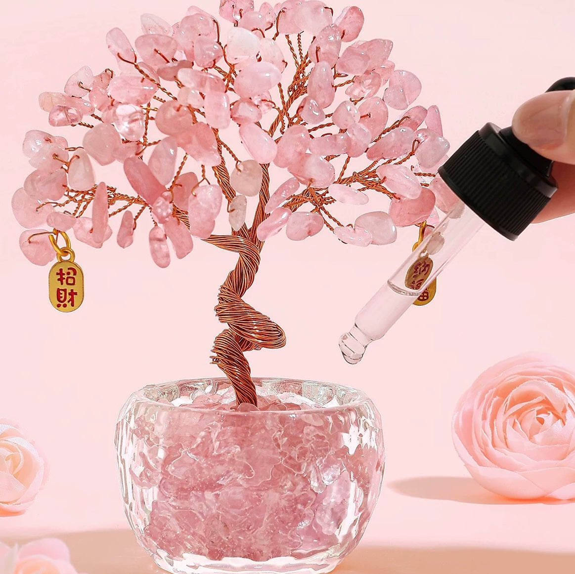 A Serenity Bloom Rose Quartz tree, symbolizing love and peace, perfect for a bedside table or meditation space.