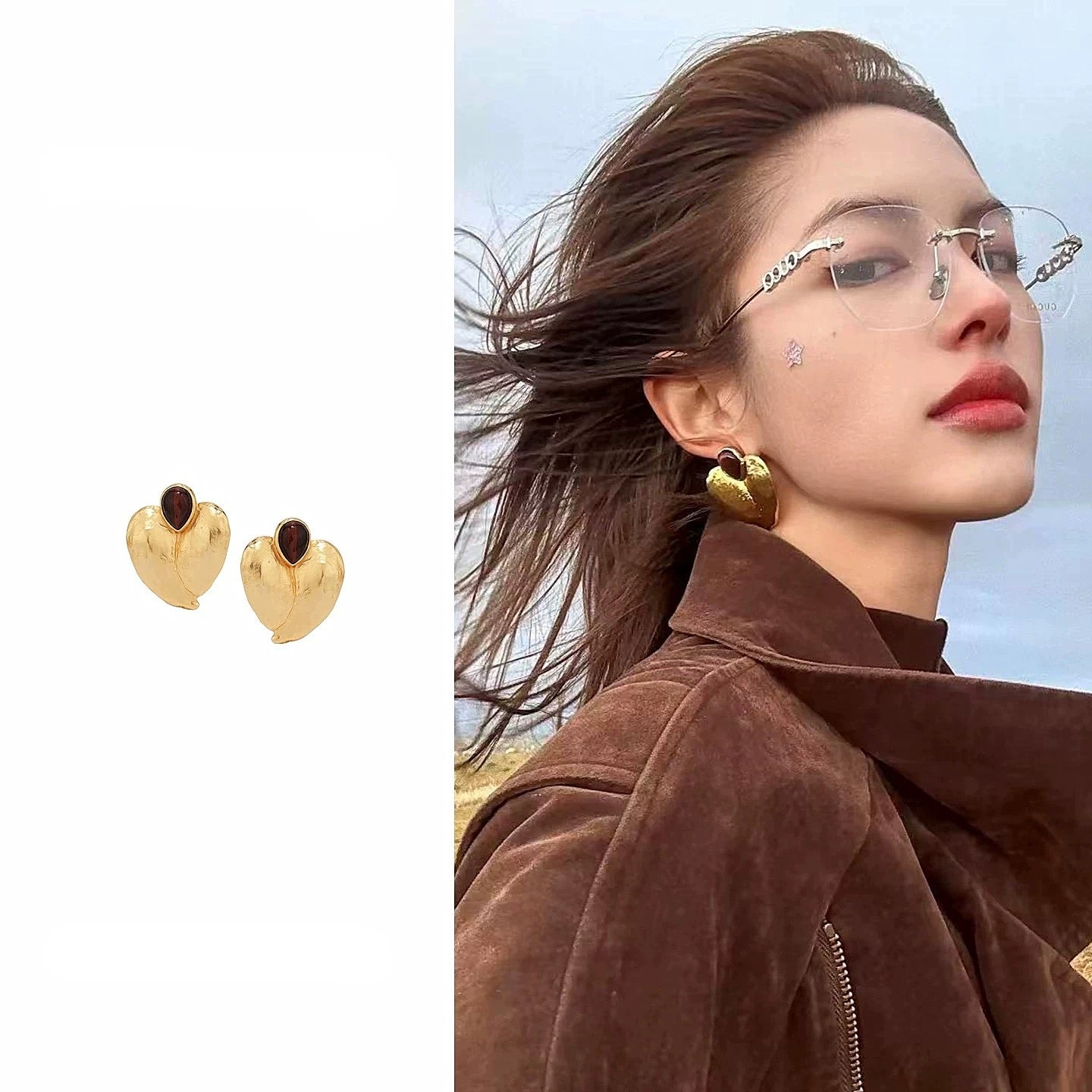 Styling inspiration for chunky gold sculptural earrings paired with a modern trench coat for a chic look.