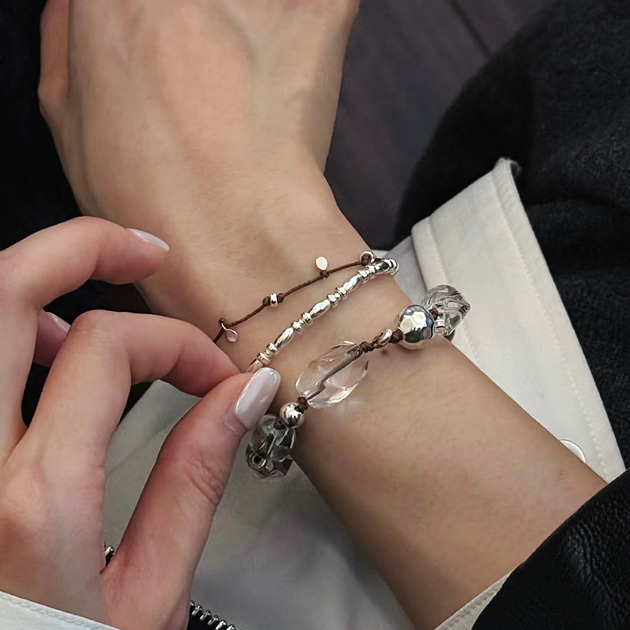 S925 sterling silver rice bead bracelet stacked with natural stone bracelets — delicate layering bracelet in mixed-material wrist stack