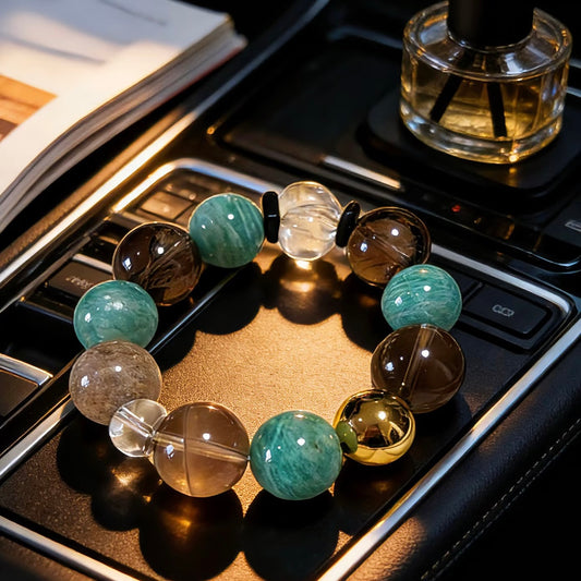 Natural light hitting the Smoky Quartz and Clear Quartz beads, showing the sophisticated translucency and depth.