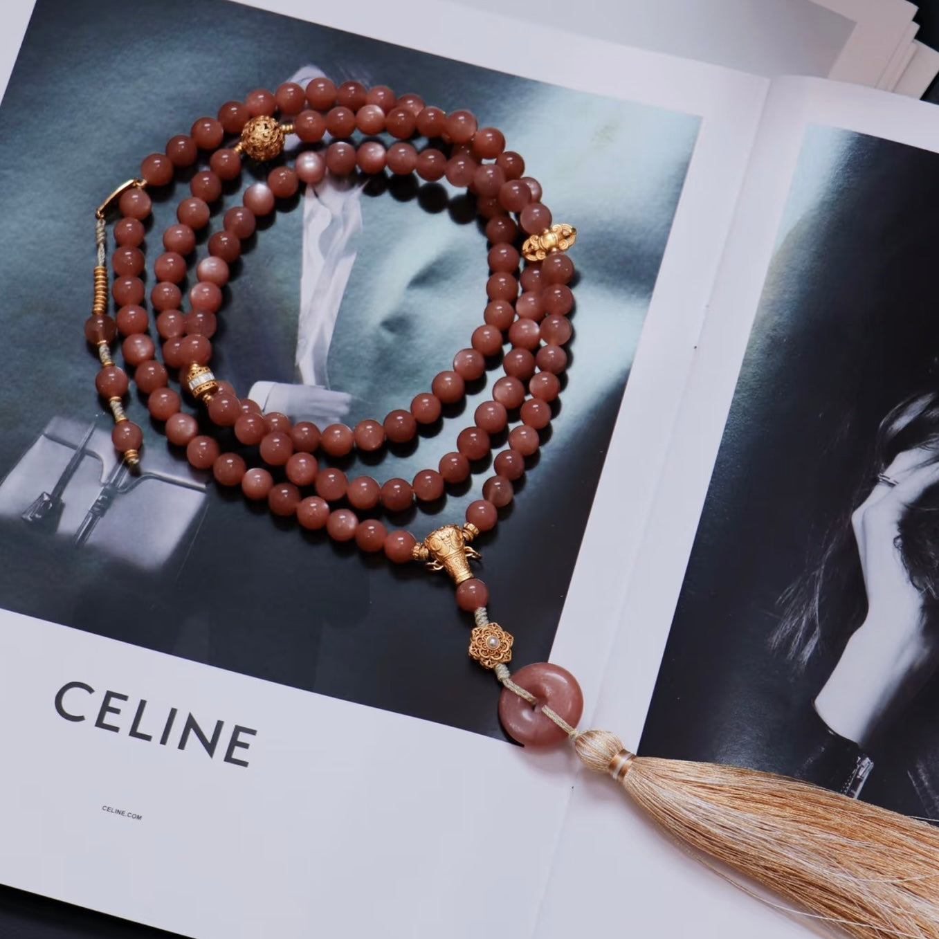 Showing the prayer beads wrapped around the wrist as a versatile healing accessory for daily wear.