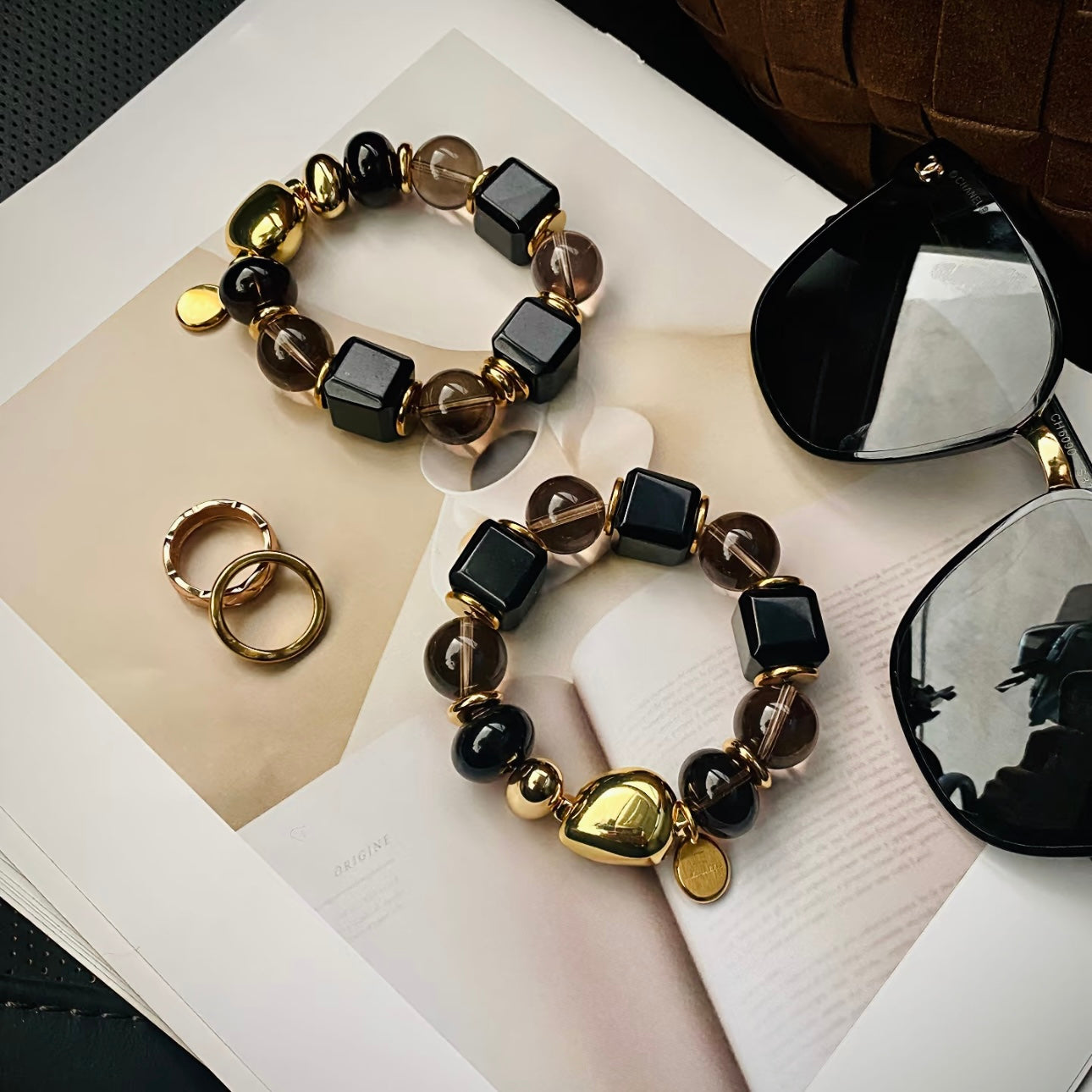 wilight Narrative obsidian cube smoky quartz bracelet flatlay - old money aesthetic crystal jewelry Gentle Crystals