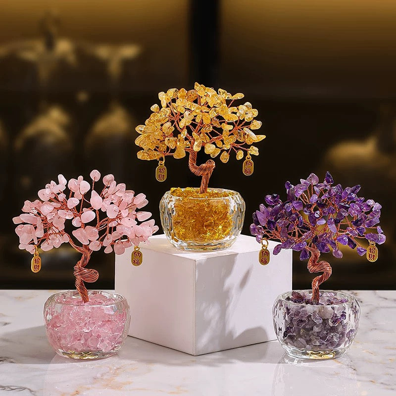 The Crystal Fortune Tree displayed on a modern desk, creating a calm, zen atmosphere for focus and abundance.